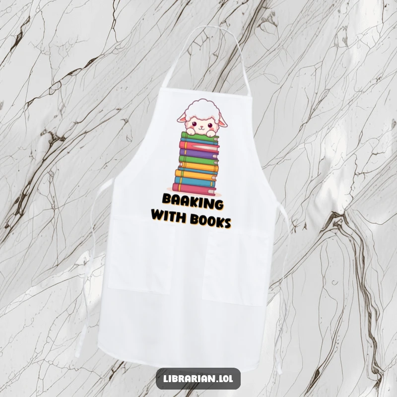Funny Apron: A fluffy sheep peeks over a stack of books while the wearer cooks, adding humor.