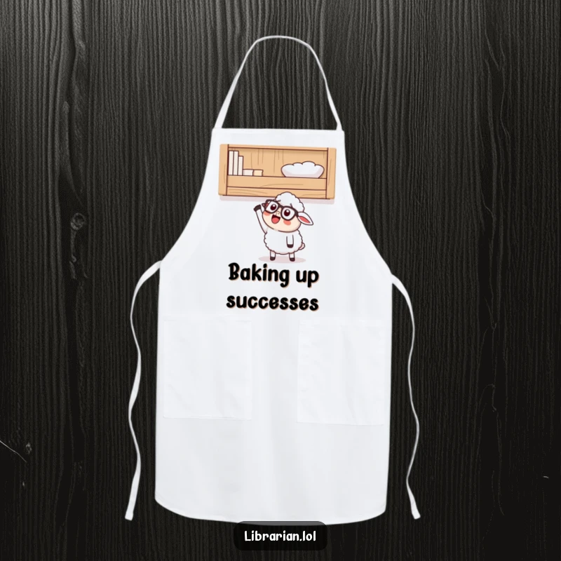 Funny Apron with a happy cartoon sheep wearing glasses, looking up at a high shelf and excitedly reaching, perfect for kitchen fun and as a novelty gift.