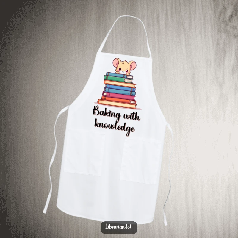 Funny mouse peeking over a stack of books, wearing an apron, ready for kitchen fun.