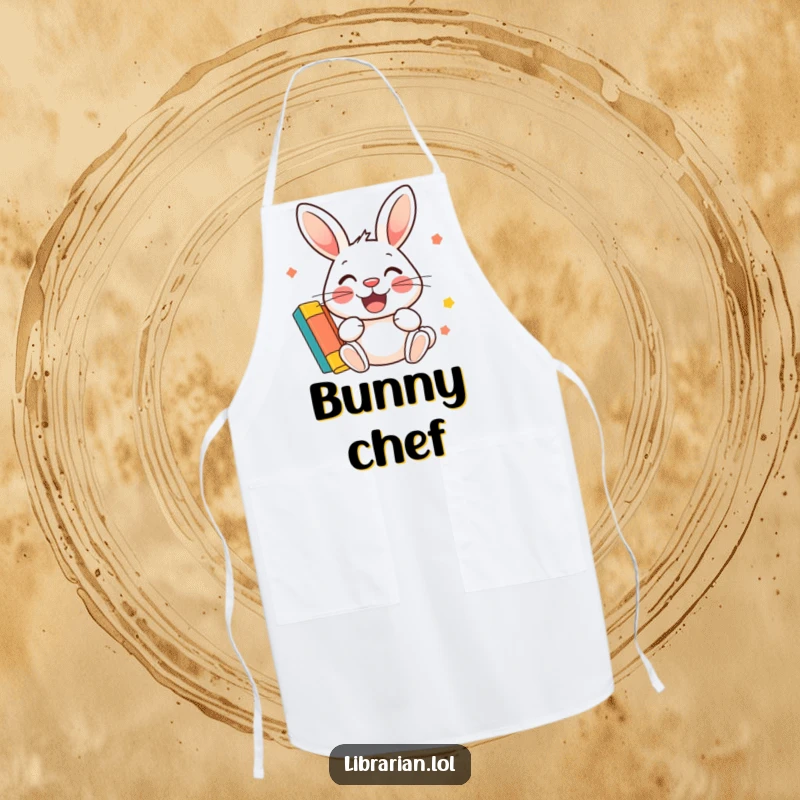 Funny Apron: A cheerful rabbit stamps a library card while the wearer cooks, adding humor.