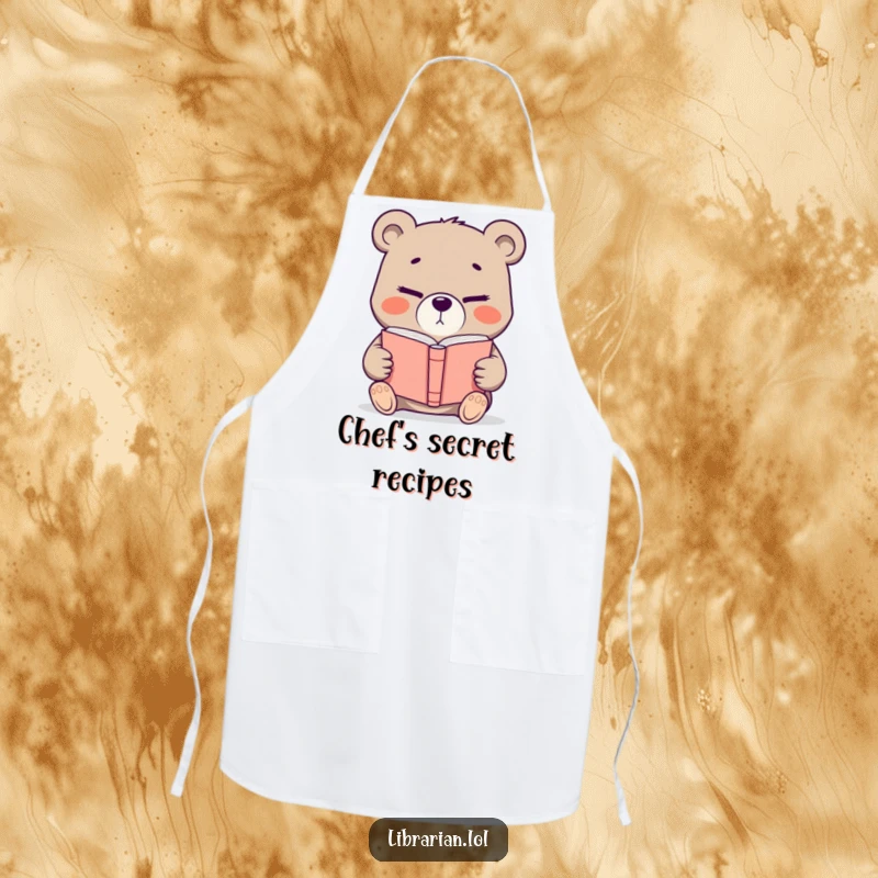 Funny determined bear offering a book with a knowing wink, a humorous apron for kitchen creativity and literary inspiration.