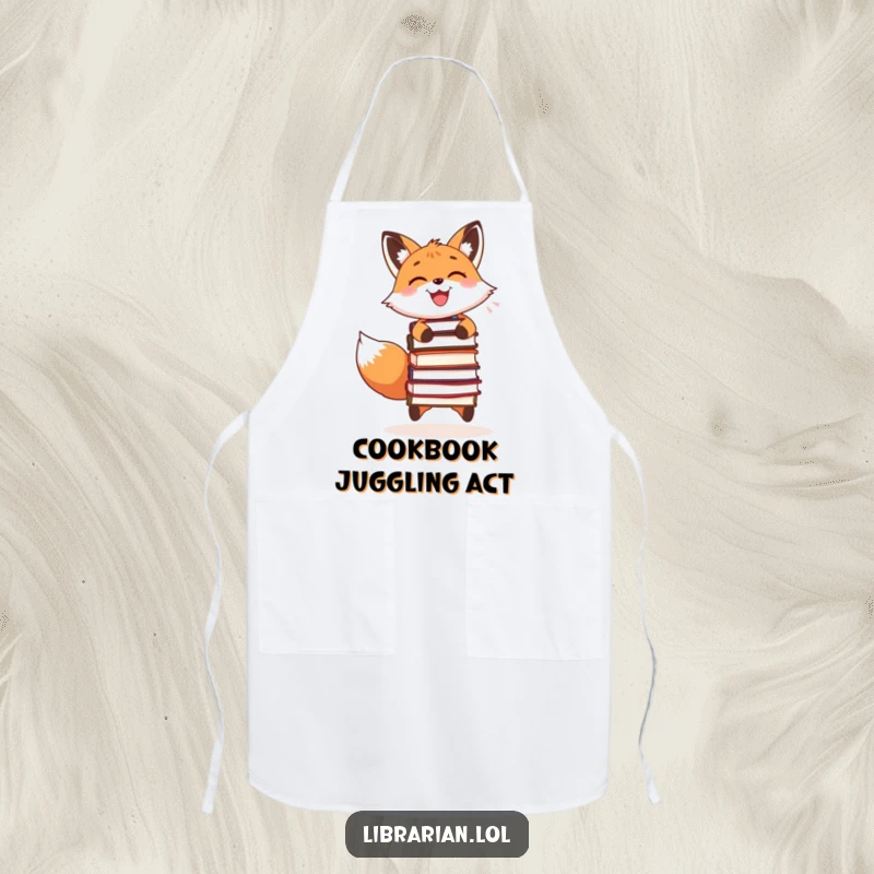 Funny kitchen apron with a smiling fox juggling books, perfect for chefs and literary enthusiasts.