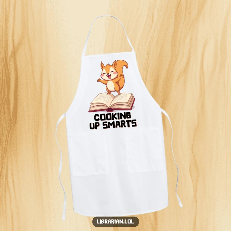 Funny Squirrel Apron, joyfully bouncing on an open dictionary, perfect for chefs who love books and a good laugh.