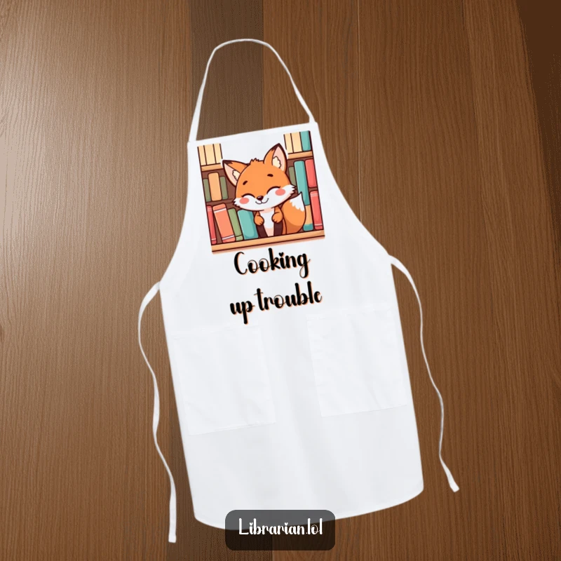 Funny playful fox with a mischievous grin peeking from behind cookbooks, featured on a humorous apron for kitchen fun.