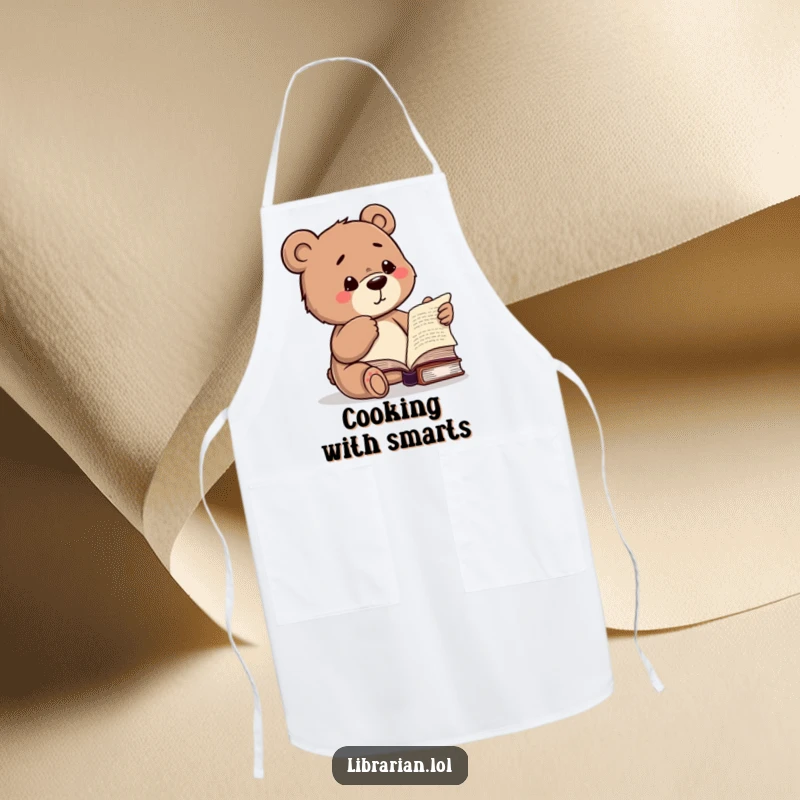 Funny apron featuring a studious bear winking and pointing to a book, ideal for culinary adventures and humor.