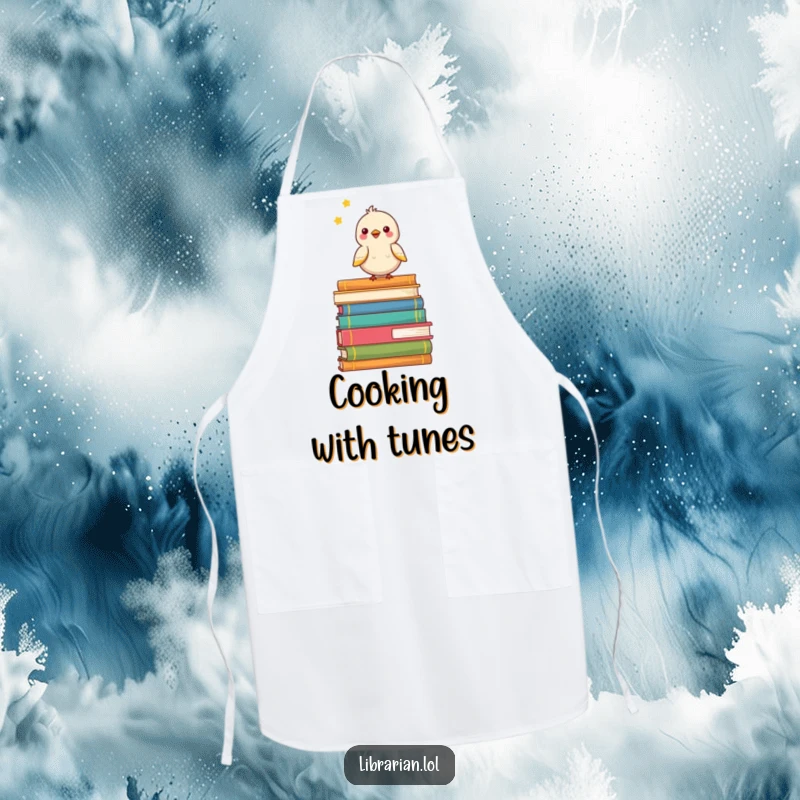 Funny apron featuring a happy bird chirping on a stack of books, adding cheer to kitchen activities.