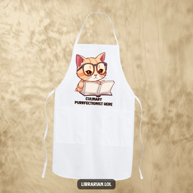 Funny apron with a cute cat wearing reading glasses, intently reading a book, ideal for a literary-themed kitchen.