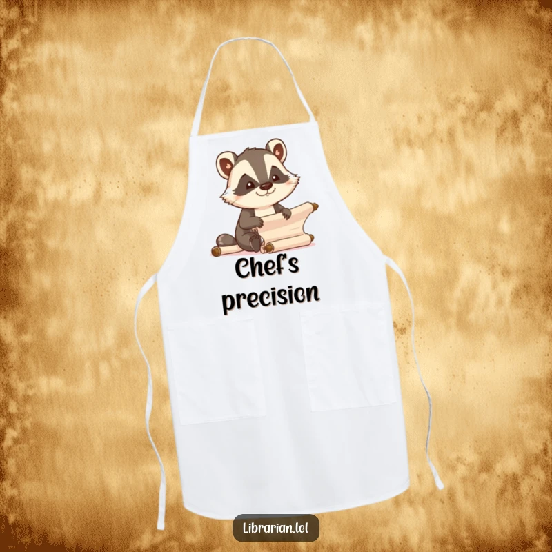 Funny determined badger organizing scrolls while wearing a kitchen apron.