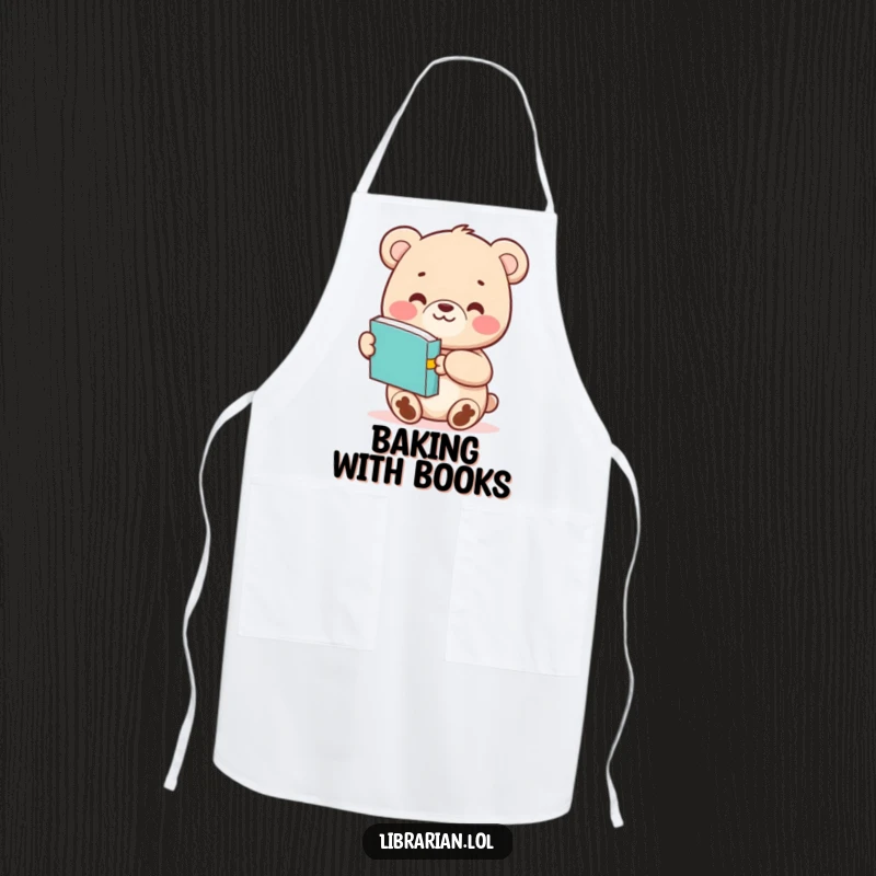 Funny Bear Cub apron showing a happy character offering a book, symbolizing a love for stories and perhaps recipes too.