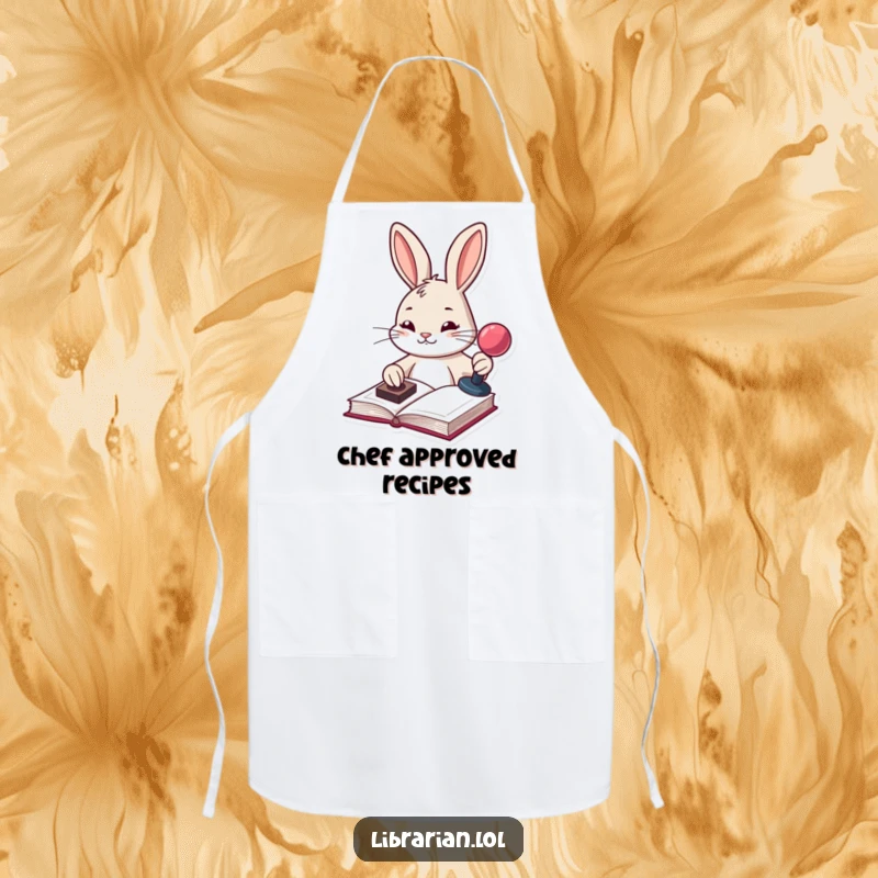 Funny determined bunny stamping a recipe book with a stamp pad, featured on a humorous apron for the kitchen.