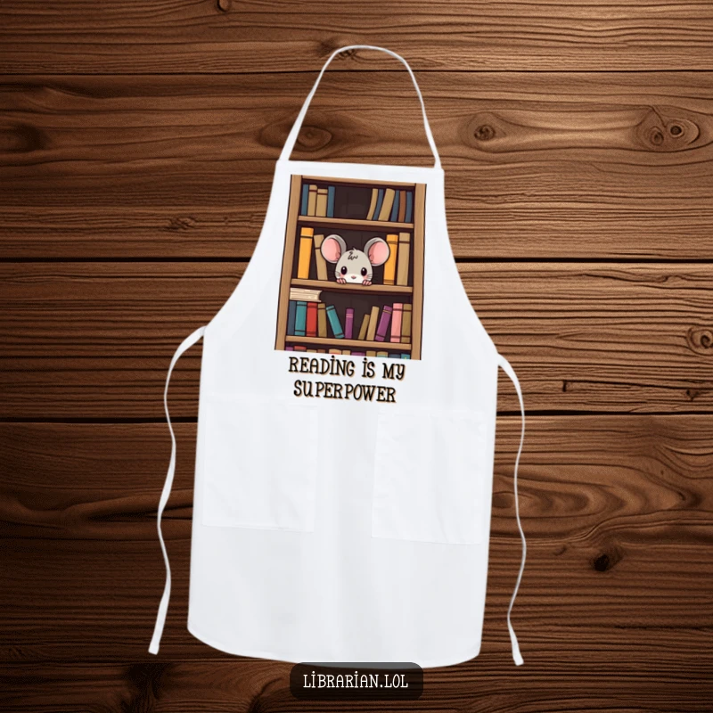 Funny curious mouse apron, a small mouse peeking from a bookshelf, perfect for kitchen use and showing literary personality.