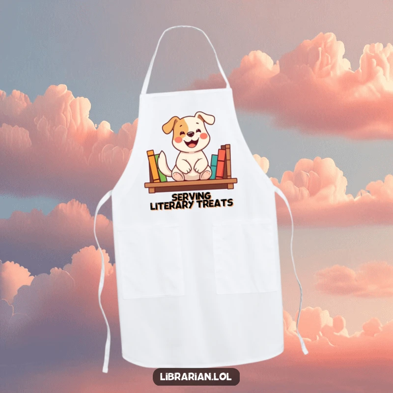 Funny apron with a happy dog shelving books, wagging tail, adding a humorous and helpful touch to cooking, ideal for a funny gift.