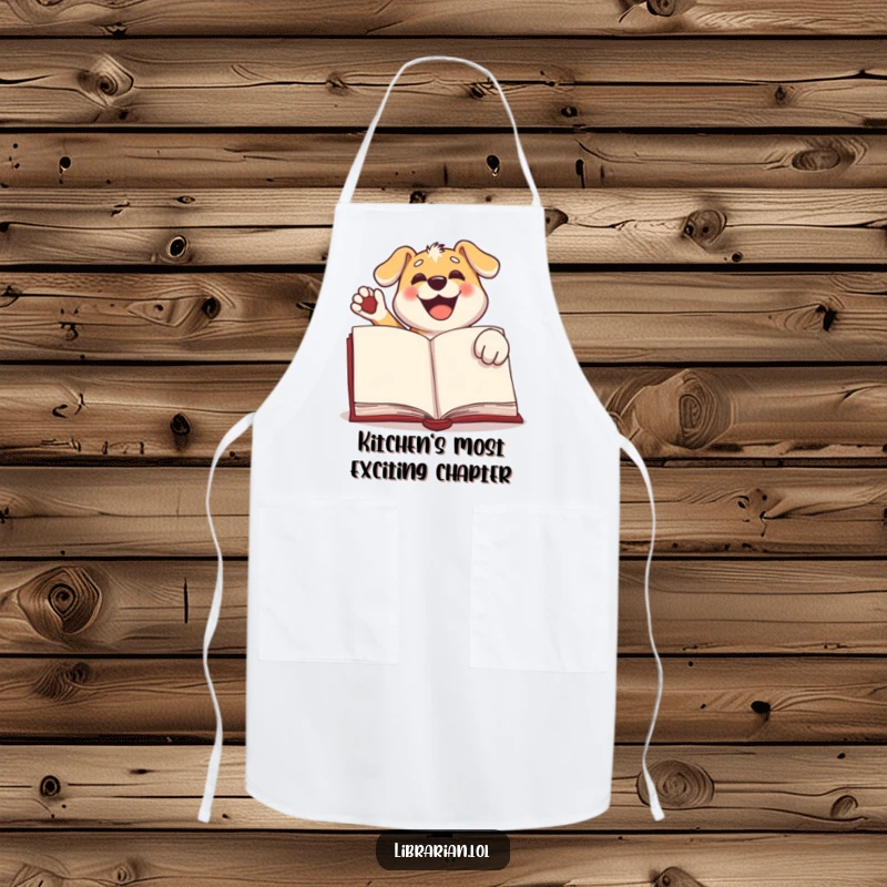 Funny dog apron, a happy dog enthusiastically stamping a large book with its paw, perfect for kitchen use and dog lovers.