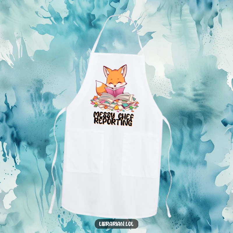 Funny chef apron with a curious fox sorting through scattered book pages. Humorous and practical for kitchen use.