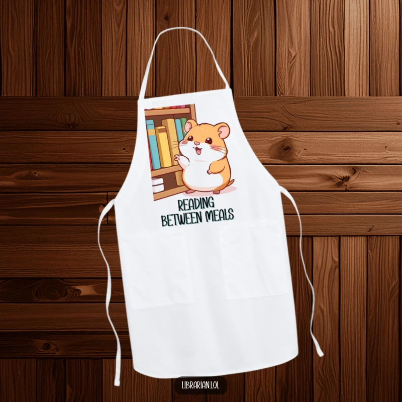 Funny Apron: A happy hamster taps its foot and points at books, ready to guide kitchen creativity.