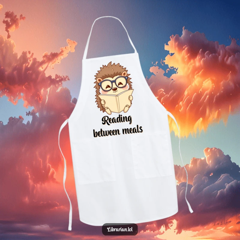 Funny chef apron with a happy hedgehog wearing reading glasses and reading a tiny scroll. Humorous and practical for kitchen use.