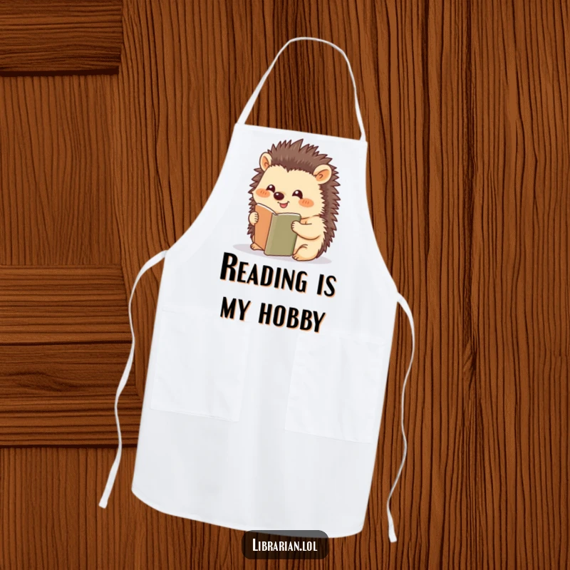 Funny Hedgehog apron, happy chef bookmarking recipe, cute kitchen accessory, whimsical cooking wear, ideal funny gift.