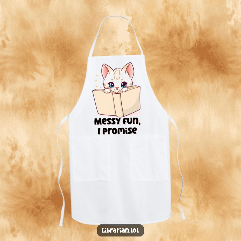 Funny Apron with a playful cartoon kitten peeking over the edge, sparkle in its eye, ideal for kitchen fun and as a novelty gift.