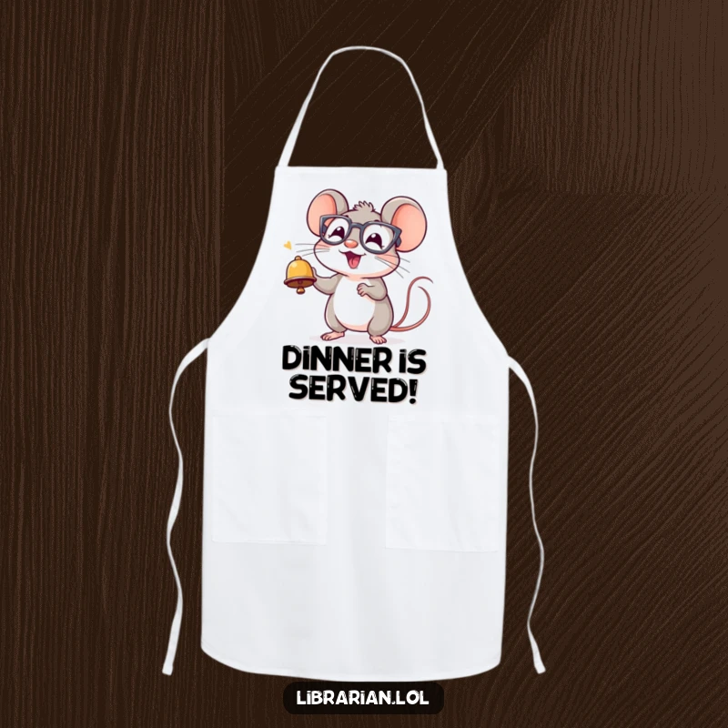 Funny apron showcasing a cheerful mouse with spectacles ringing a tiny bell with excitement, ideal for kitchen fun.