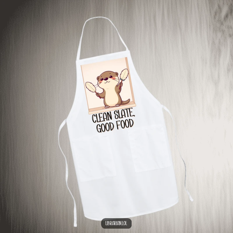 Funny Apron with a satisfied cartoon otter carefully dusting a shelf with a feather duster, perfect for kitchen fun and as a novelty gift.