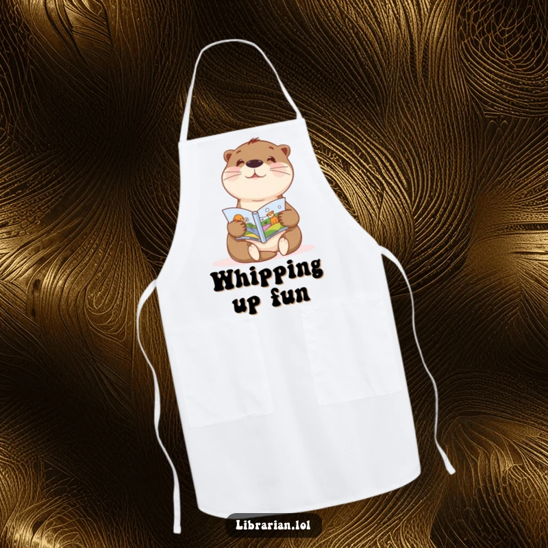 Funny apron featuring a sweet otter enthusiastically showing a picture book, ideal for messy play and creativity.