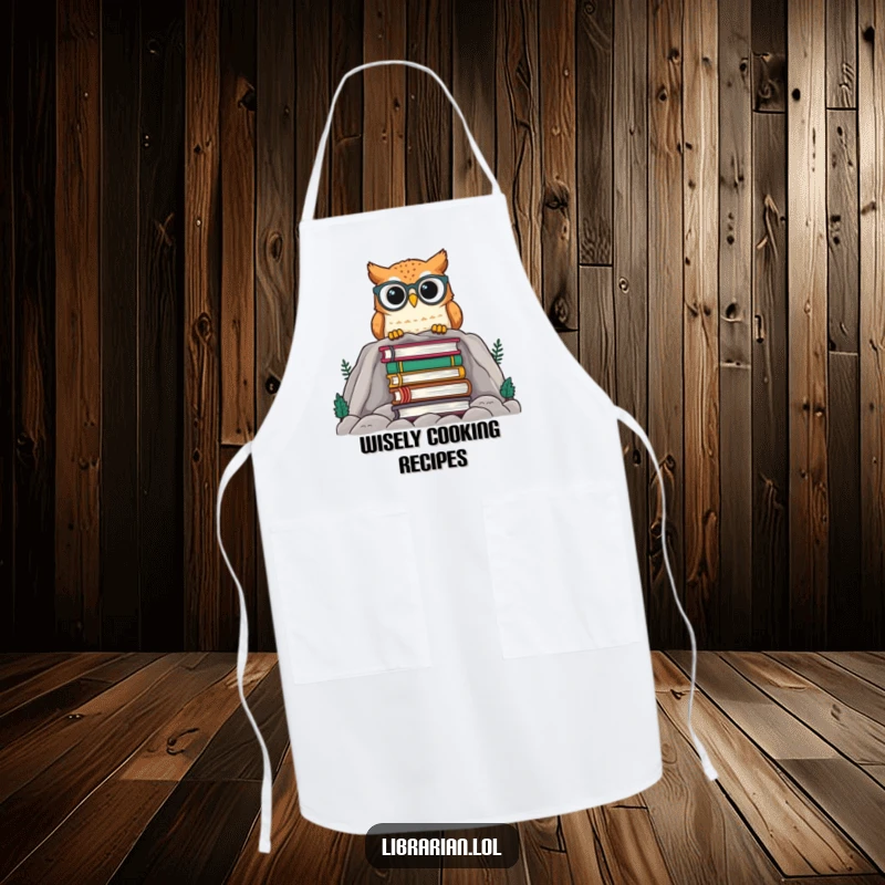 Funny owl with glasses peeking over a stack of books, this apron adds humor to the kitchen for a bookish cook.