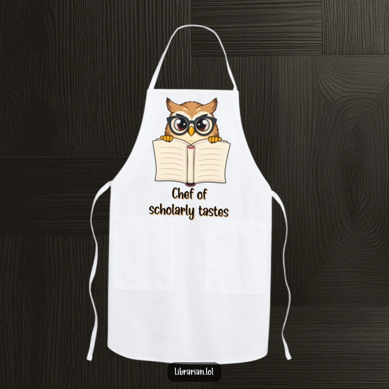 Funny owl with spectacles peeking over a cookbook, featured on a practical and humorous apron for kitchen fun.