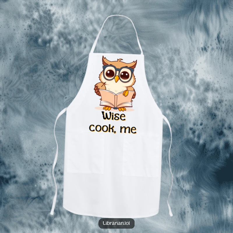 Funny owl scholar apron showing a cute cartoon owl in spectacles pointing at a book, perfect for a smart chef.
