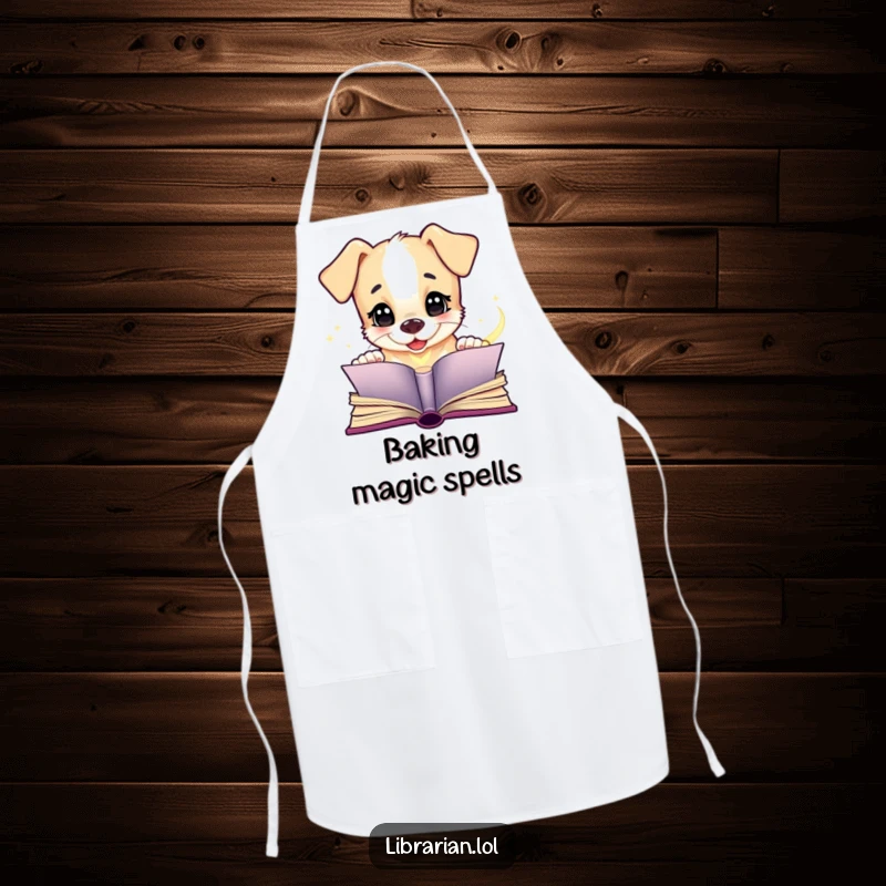 Funny puppy apron, giggling while gazing at a magical book, a whimsical and protective accessory for the kitchen.
