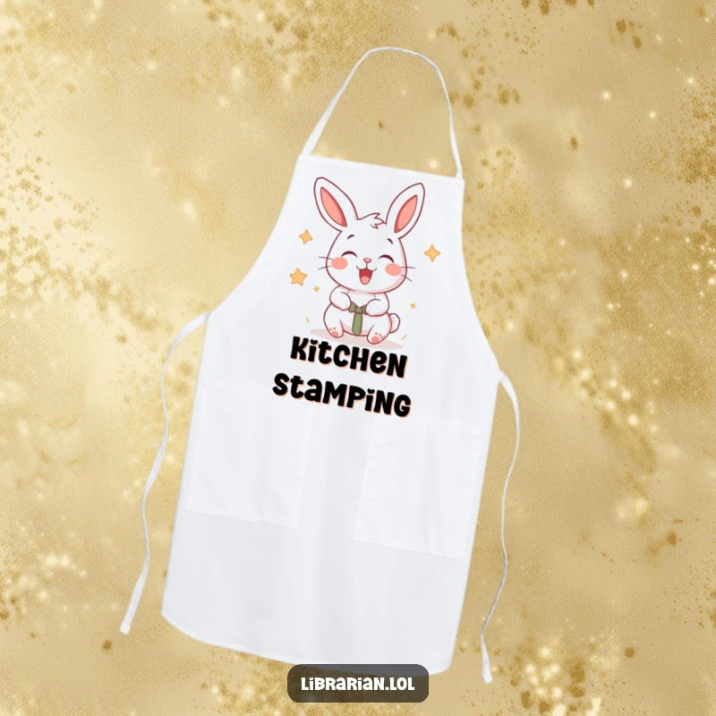 Funny cartoon rabbit energetically stamping books while wearing a kitchen apron.