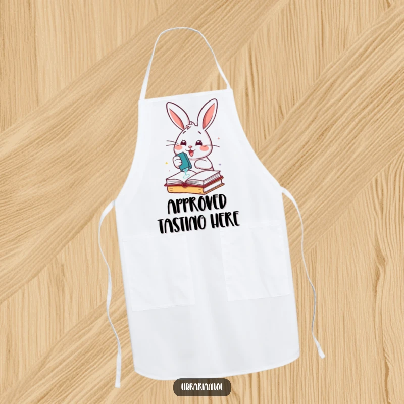 Funny cheerful rabbit enthusiastically stamping books with a rubber stamp, on a practical kitchen apron.