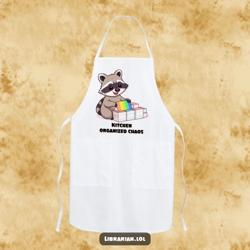 Funny apron with a happy raccoon sorting colorful index cards, ideal for a meticulously organized kitchen.