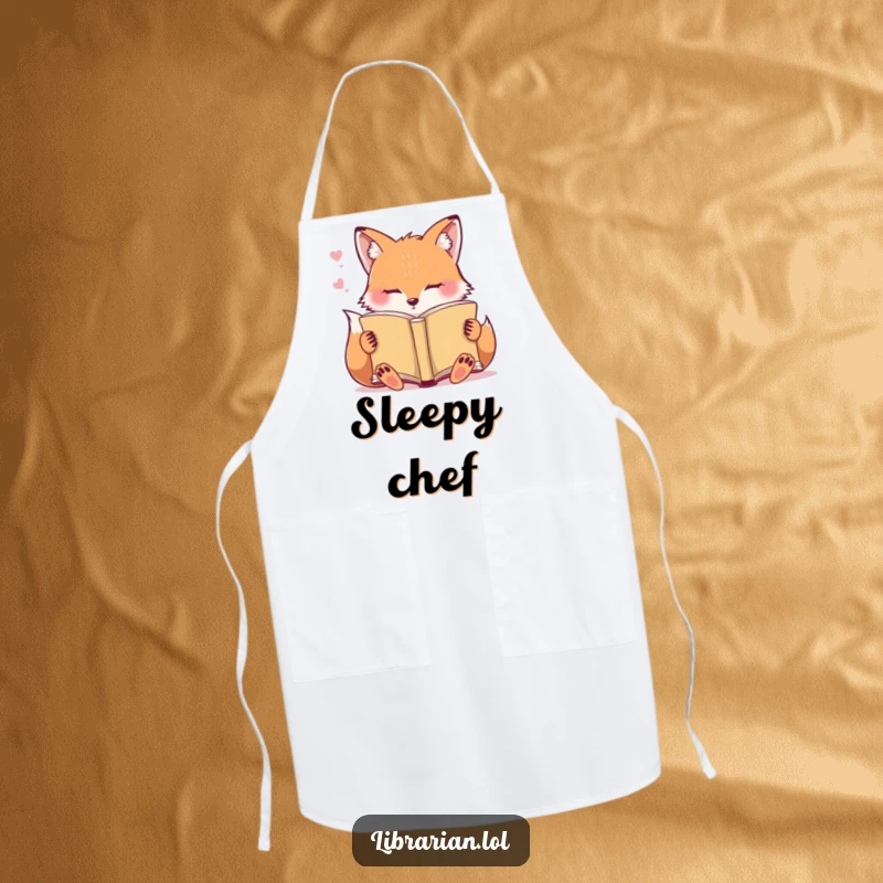 Funny Apron: A sleepy fox dozes off while reading a book as the wearer cooks.