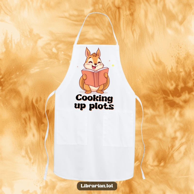 Funny apron featuring a smiling squirrel enthusiastically sharing a large, sparkling book, ideal for a cozy kitchen.