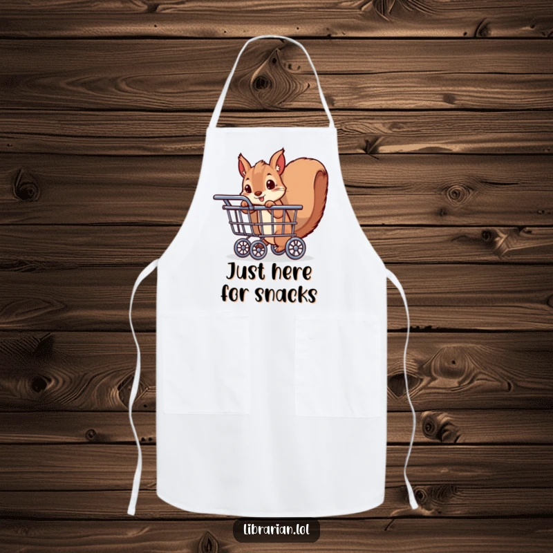 Funny apron with a playful squirrel peeking from a book cart, ideal for kitchen use. Humorous and practical gift for readers.