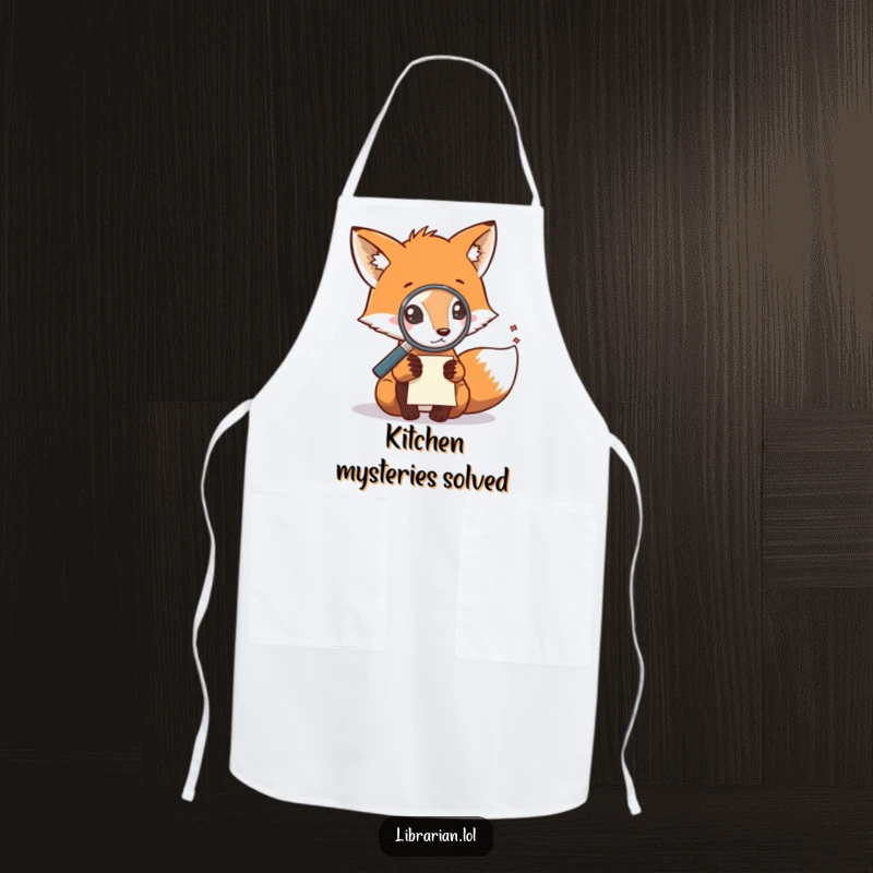 Funny apron showing a fox with a magnifying glass examining a note, perfect for kitchen sleuthing.