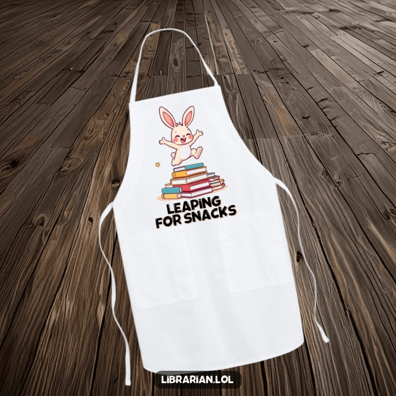Funny Bunny Apron: An apron depicting an energetic bunny leaping over a small pile of overdue books, adding humor to the kitchen.