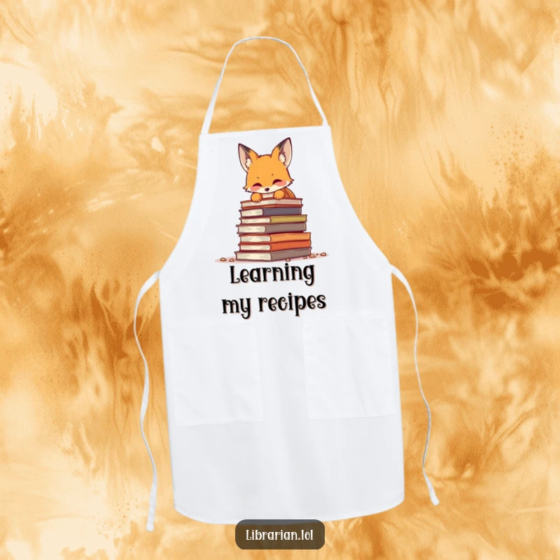 Funny fox peering over a large pile of dusty tomes, a whimsical apron for bookish chefs and kitchen enthusiasts.