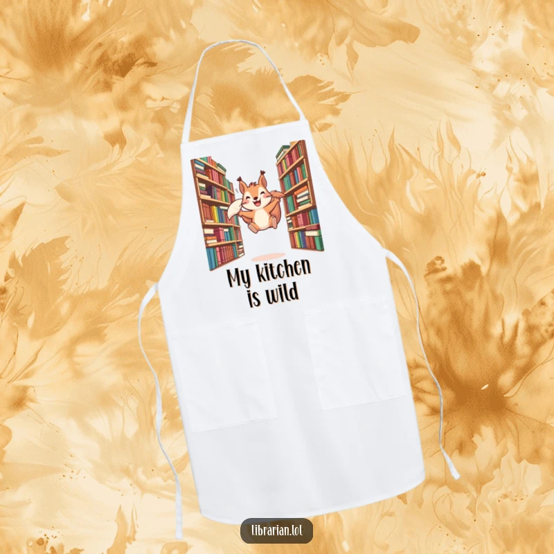 Funny apron with a grinning squirrel leaping between bookshelves, perfect for a book-loving cook who enjoys a humorous kitchen environment.