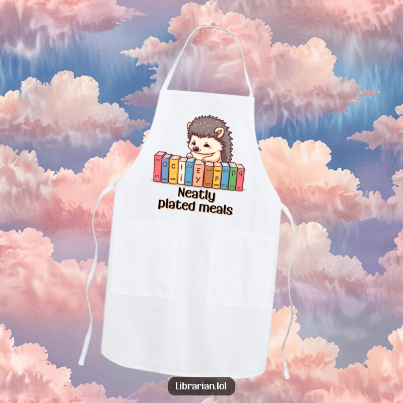 Funny apron featuring a determined hedgehog alphabetizing a row of tiny books, ideal for kitchen order and humor.