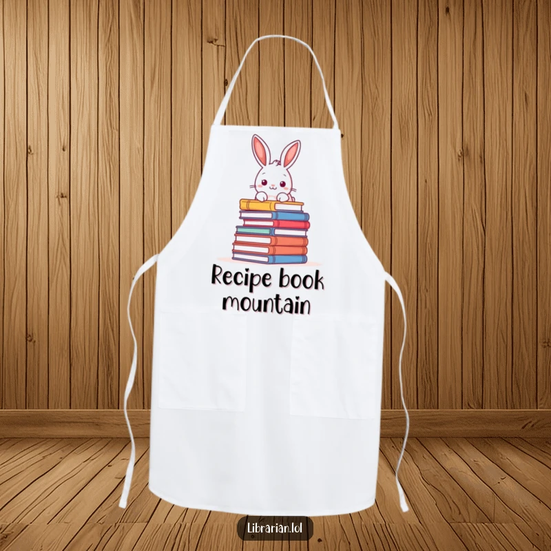 Funny kitchen apron with a playful rabbit peering over a pile of books, perfect for chefs and literary enthusiasts.
