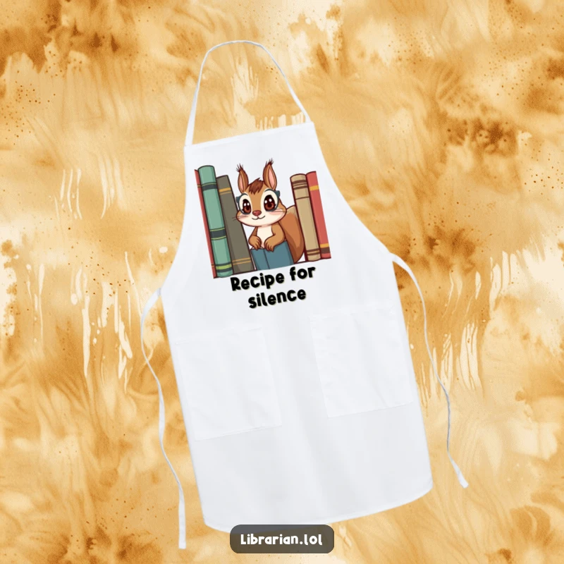 Funny squirrel librarian apron, cute kitchen wear with a curious squirrel, great for bakers and readers.