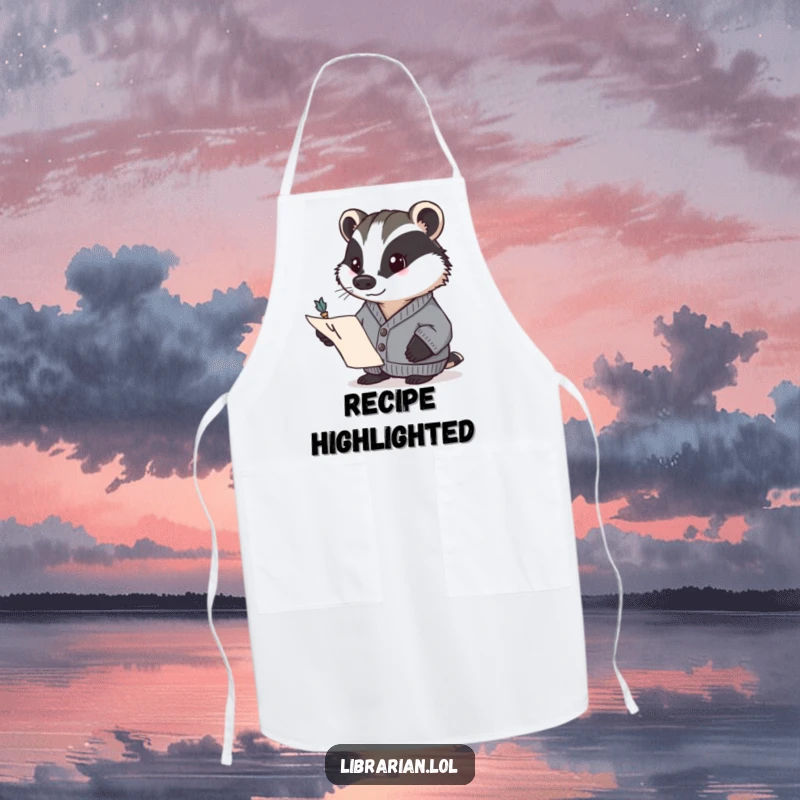 Funny badger in a cardigan, determinedly pointing to a page with a quill. Humorous and functional apron, perfect funny gift.