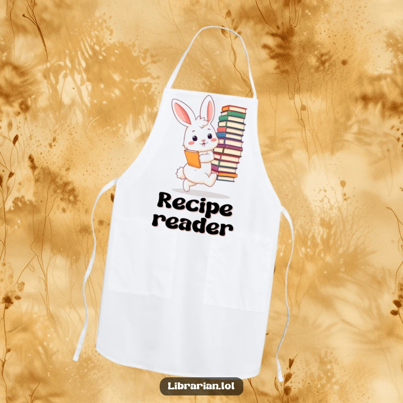 Funny bunny librarian apron, protective and charming, a fluffy bunny tiptoeing with a huge stack of books, looking very pleased and studious.