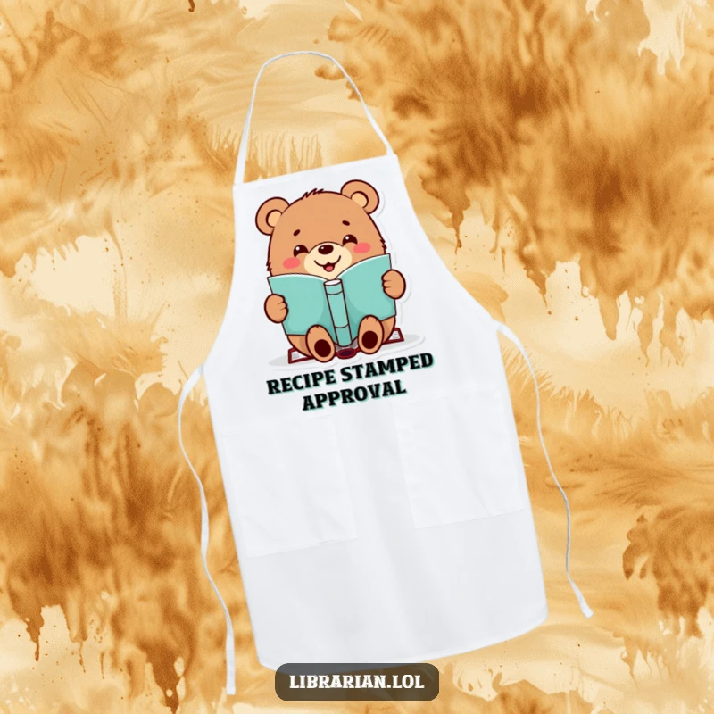 Funny kitchen apron with a happy bear stamping a book, perfect for chefs and literary enthusiasts.