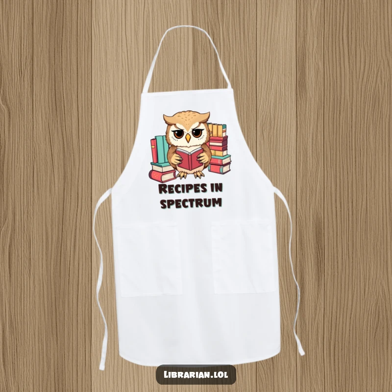 Funny owl with precise paws sorting books by color, a whimsical apron for organized chefs and meticulous bakers.