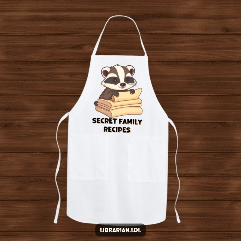 Funny badger apron, whispering secrets into ancient scrolls, a humorous and protective accessory for the kitchen.