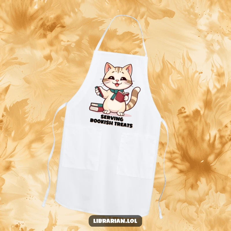 Funny apron: A feline librarian in mid-book juggle, perfect for a funny gift in the kitchen.