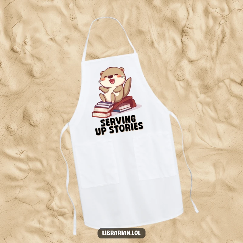 Funny joyful otter sliding down a book ramp on a kitchen apron, adding a splash of humor to cooking.