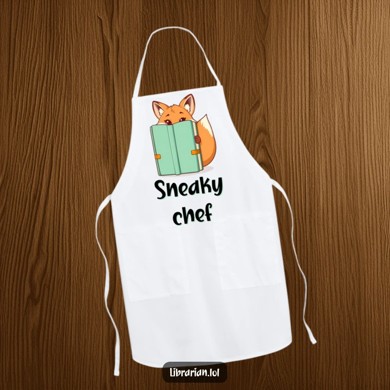 Funny apron: A sly fox librarian peeking from a book, a playful and funny gift.